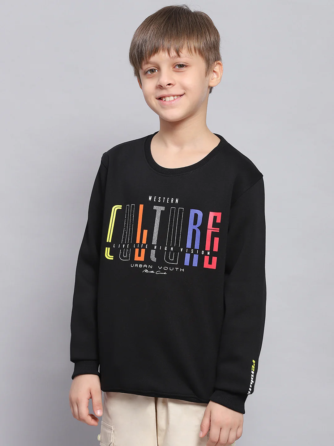 Boys Black Printed Round Neck Full Sleeve Sweatshirt - Image 2