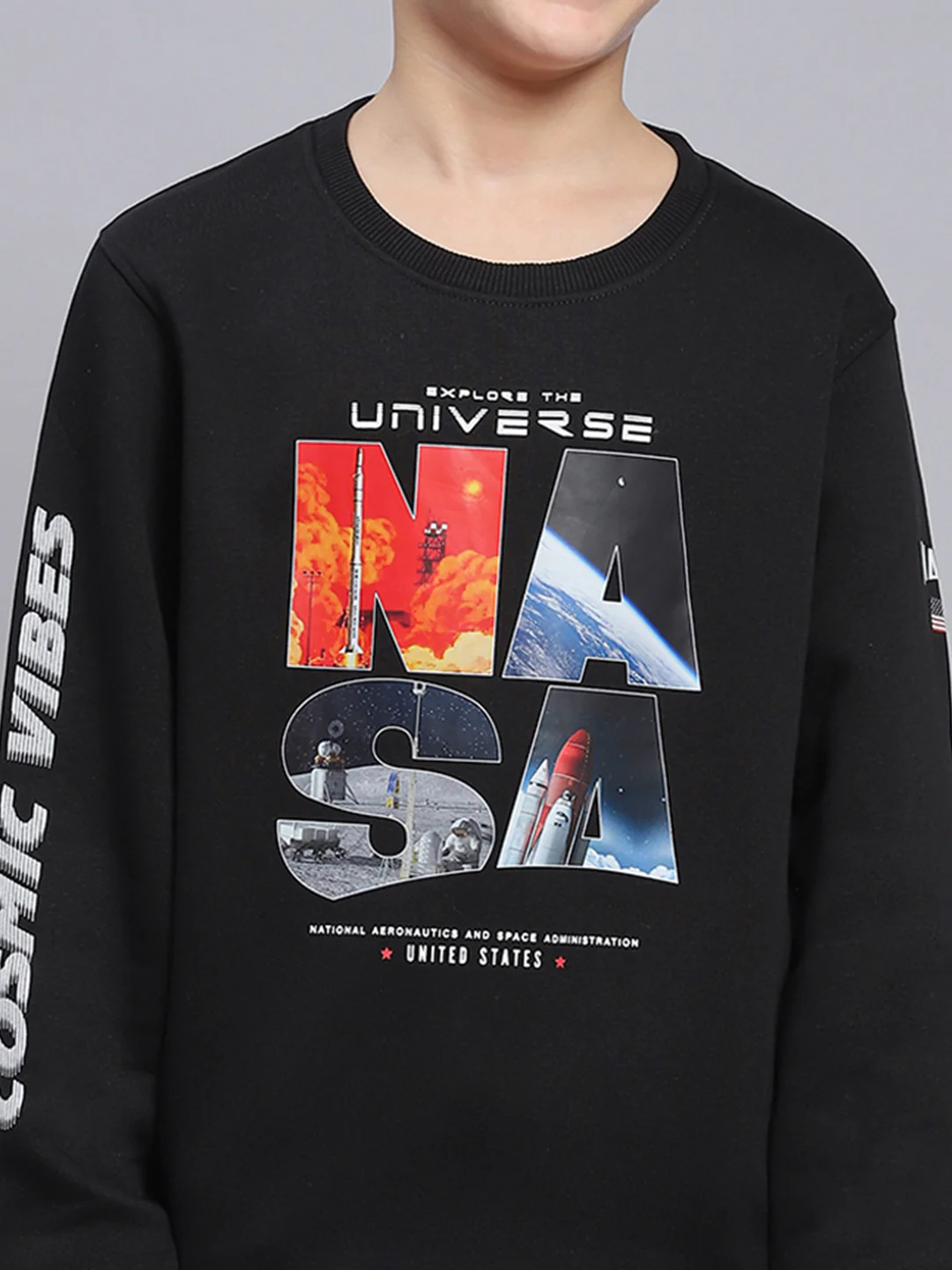 Boys Black Printed Round Neck Full Sleeve Sweatshirt - Image 6