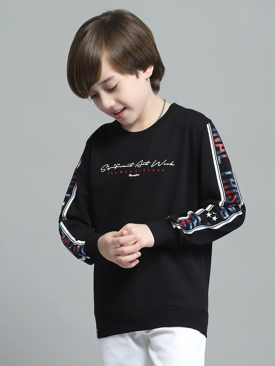 Boys Black Printed Round Neck Full Sleeve Sweatshirt - Image 3