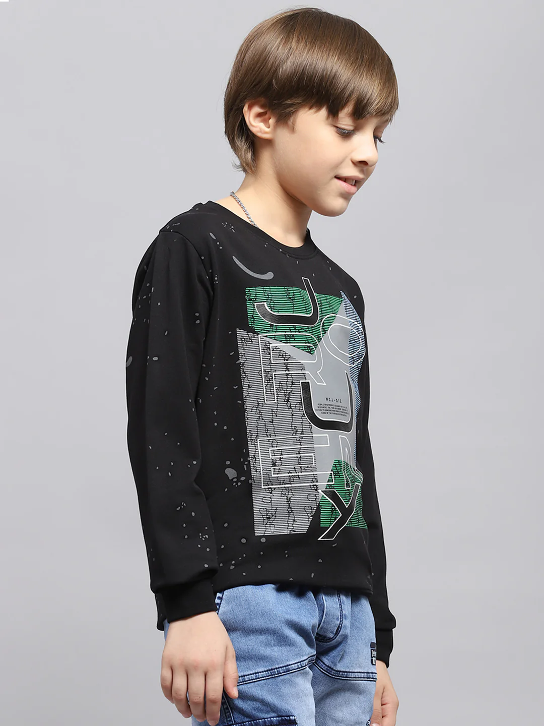 Boys Black Printed Round Neck Full Sleeve Sweatshirt - Image 4