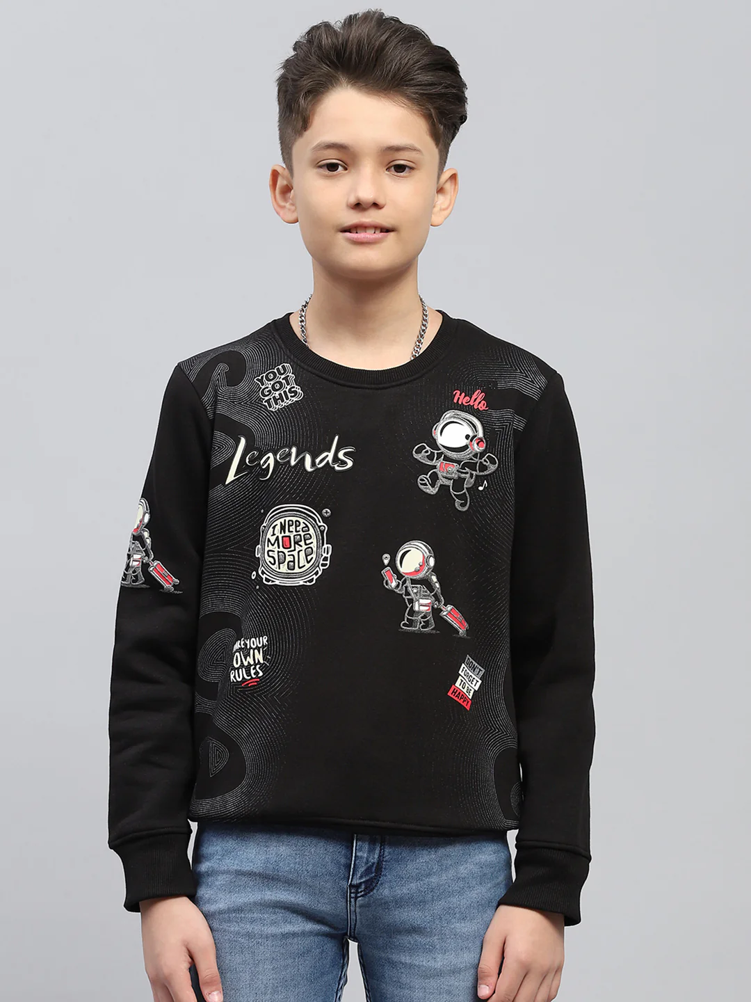 Boys Black Printed Round Neck Full Sleeve Sweatshirt