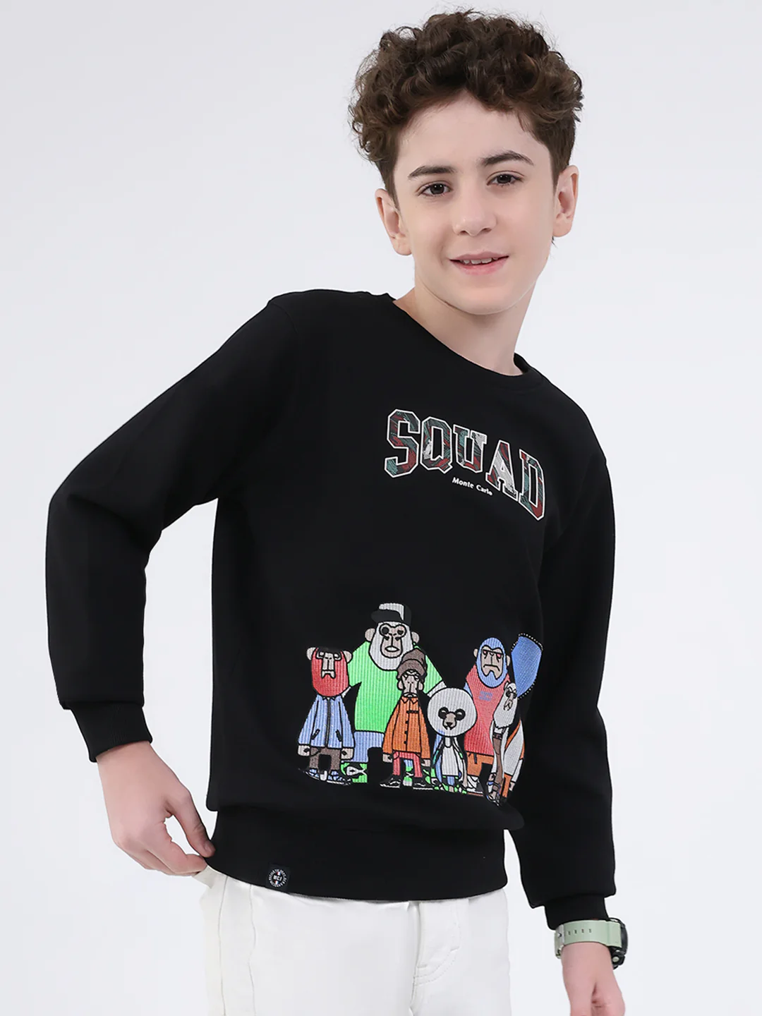 Boys Black Printed Round Neck Full Sleeve Sweatshirt - Image 4