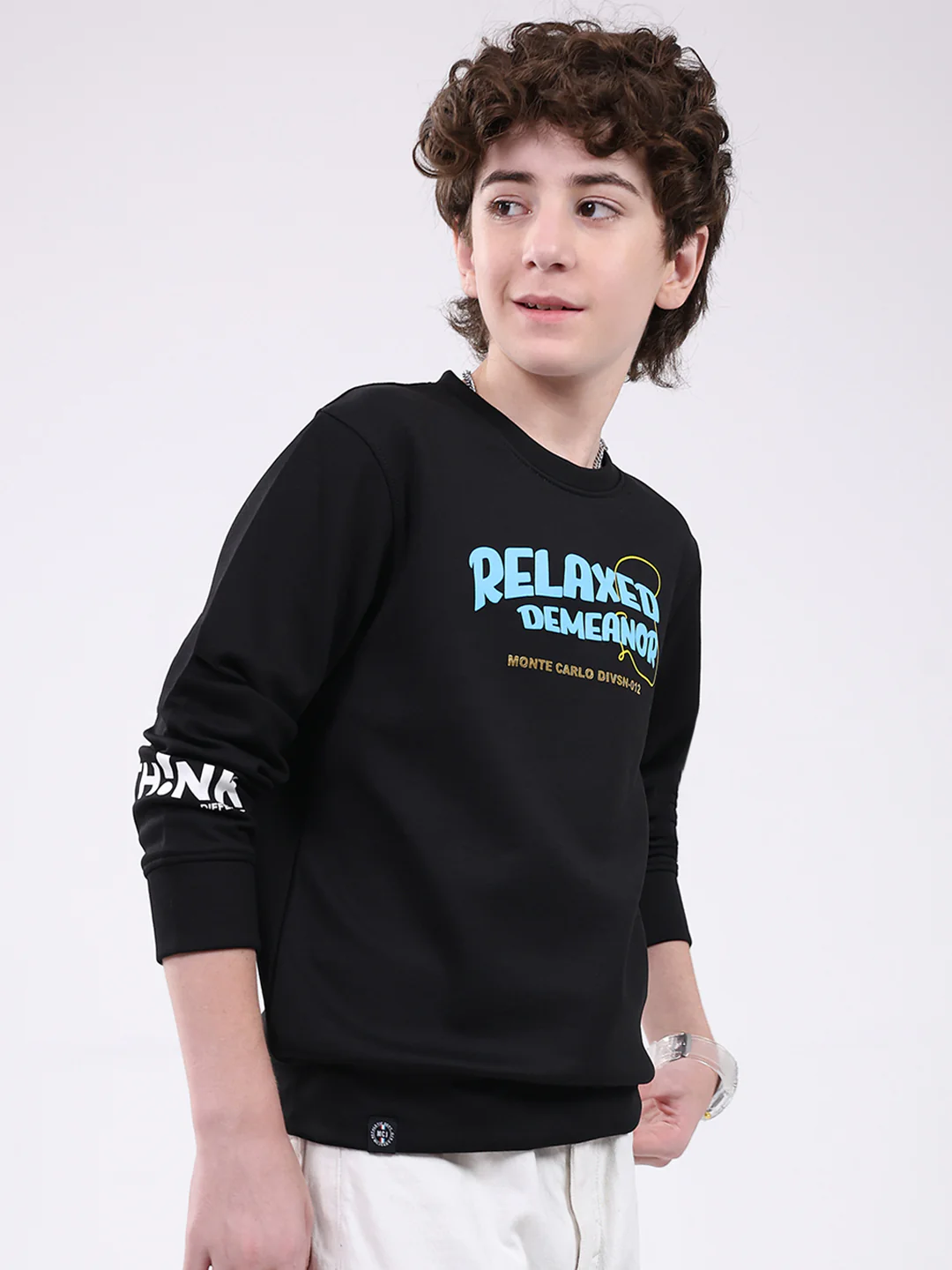 Boys Black Printed Round Neck Full Sleeve Sweatshirt - Image 4