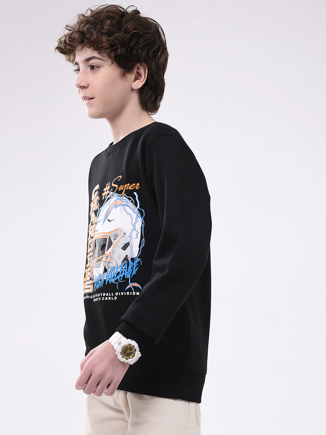 Boys Black Printed Round Neck Full Sleeve Sweatshirt - Image 3