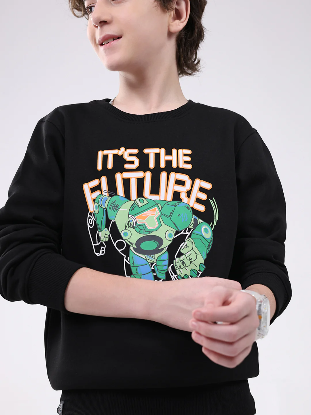 Boys Black Printed Round Neck Full Sleeve Sweatshirt - Image 6
