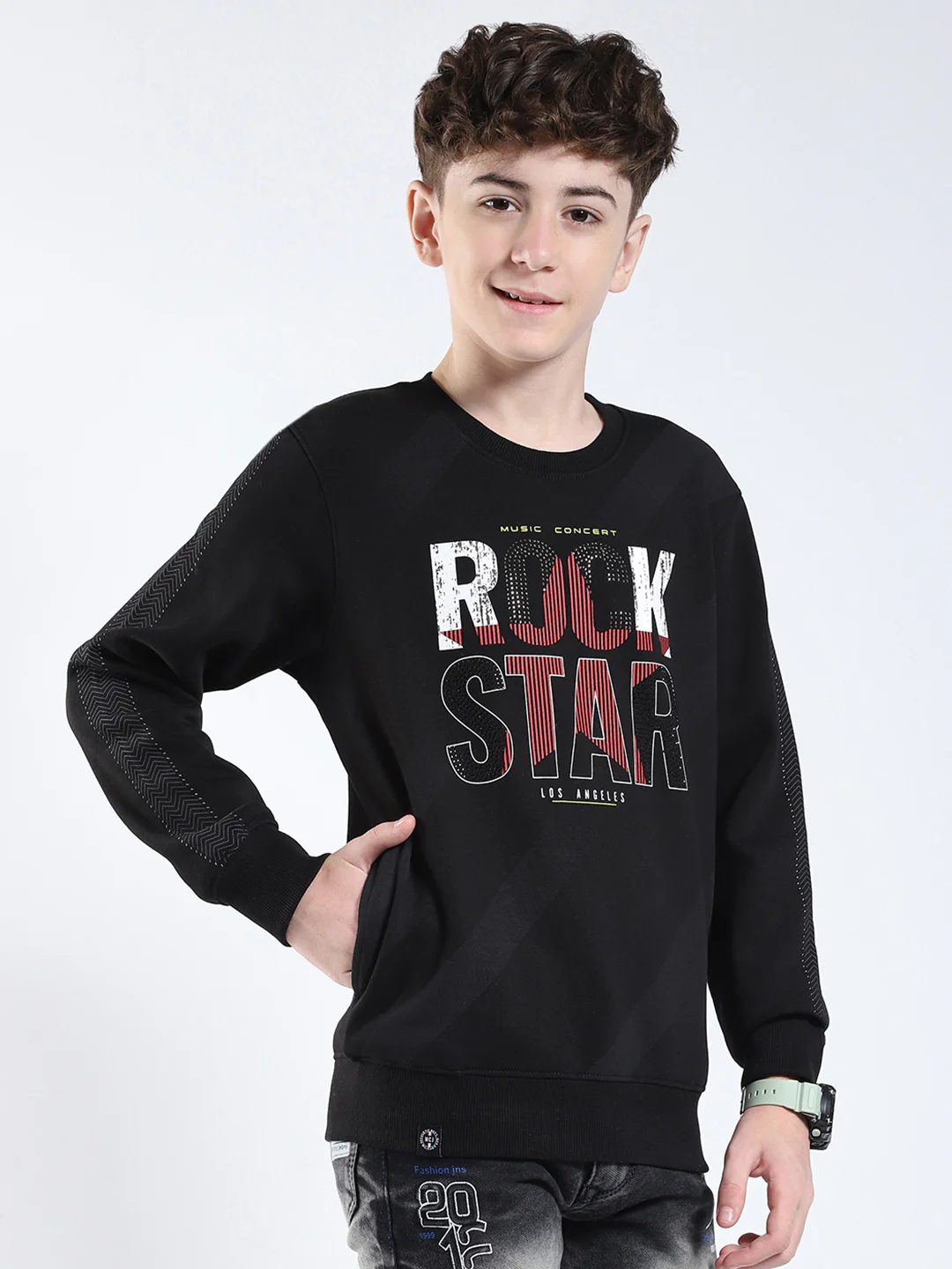 Boys Black Printed Round Neck Full Sleeve Sweatshirt - Image 4