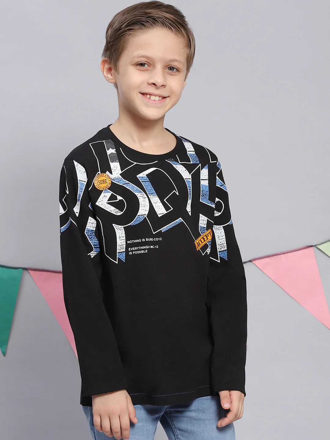 Boys Black Printed Round Neck Full Sleeve T-Shirts - Image 2