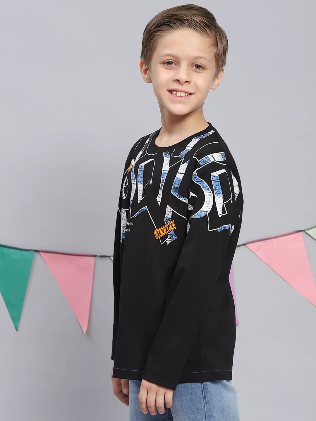 Boys Black Printed Round Neck Full Sleeve T-Shirts - Image 3