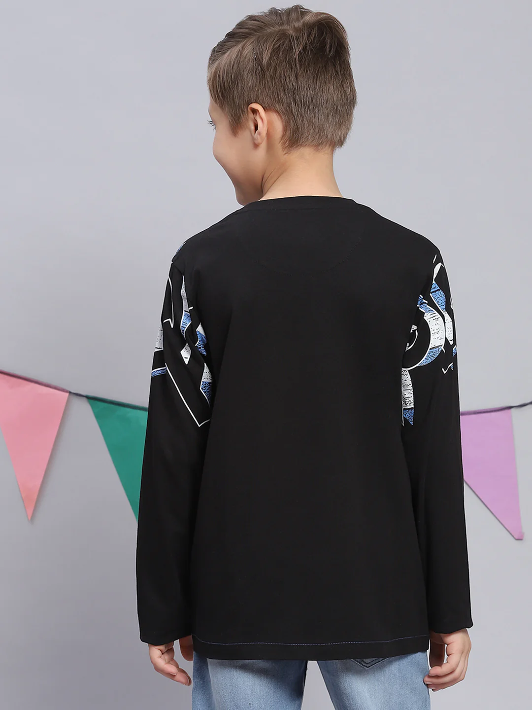 Boys Black Printed Round Neck Full Sleeve T-Shirts - Image 5