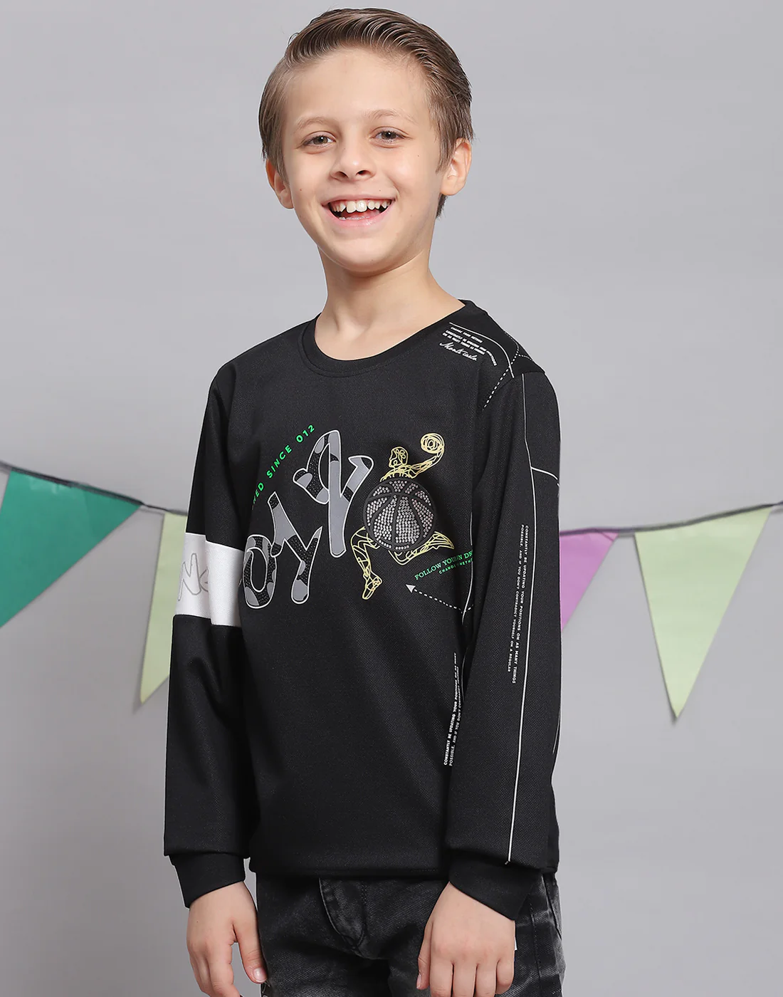 Boys Black Printed Round Neck Full Sleeve T-Shirts - Image 3