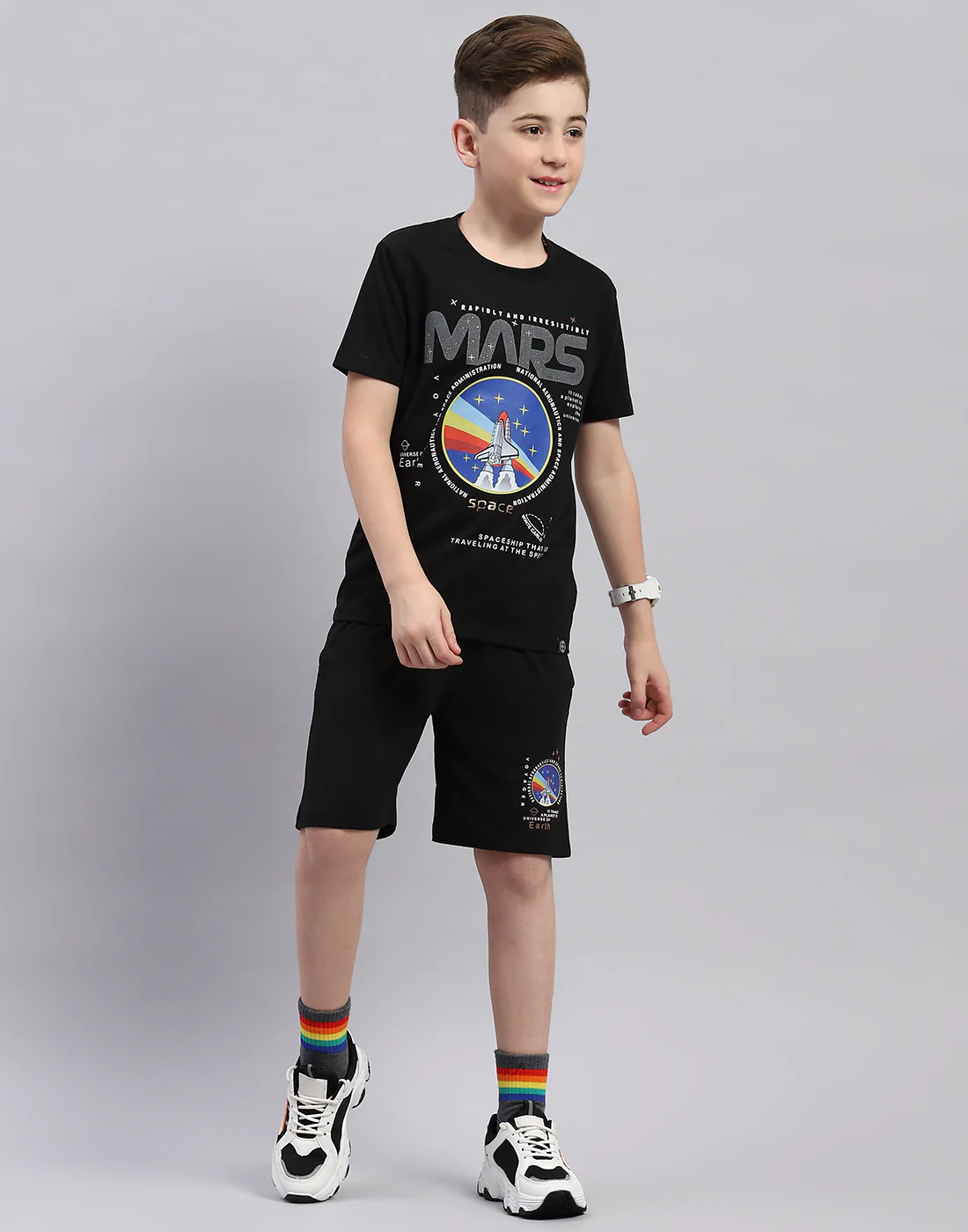 Boys Black Printed Round Neck Half Sleeve Bermuda Set - Image 2