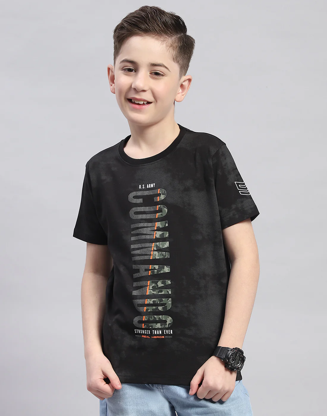 Boys Black Printed Round Neck Half Sleeve T-Shirt - Image 2