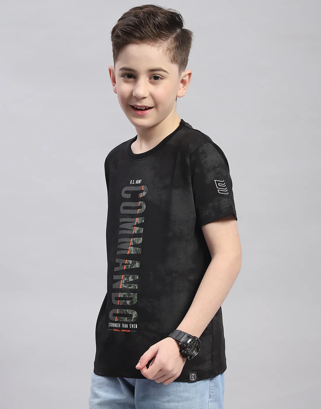 Boys Black Printed Round Neck Half Sleeve T-Shirt - Image 3