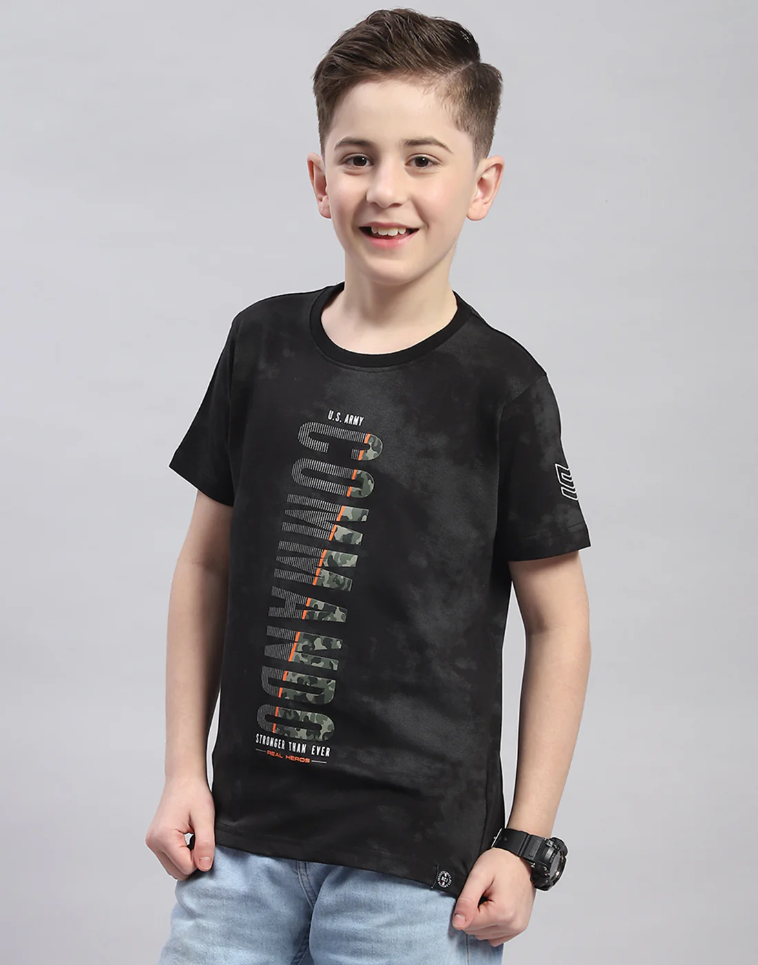 Boys Black Printed Round Neck Half Sleeve T-Shirt - Image 6