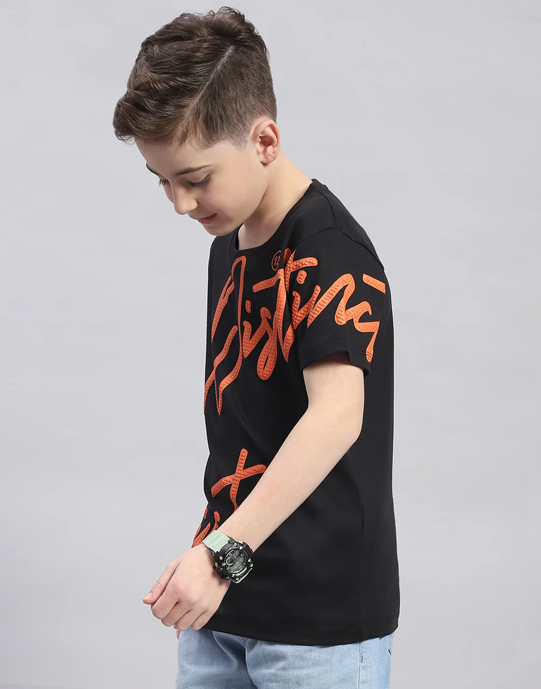 Boys Black Printed Round Neck Half Sleeve T-Shirt - Image 3