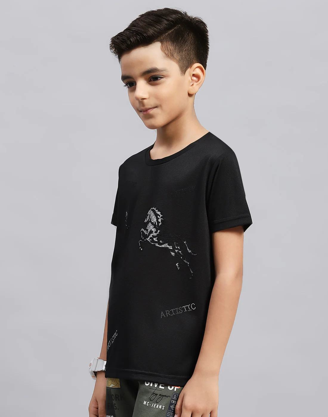 Boys Black Printed Round Neck Half Sleeve T-Shirt - Image 3