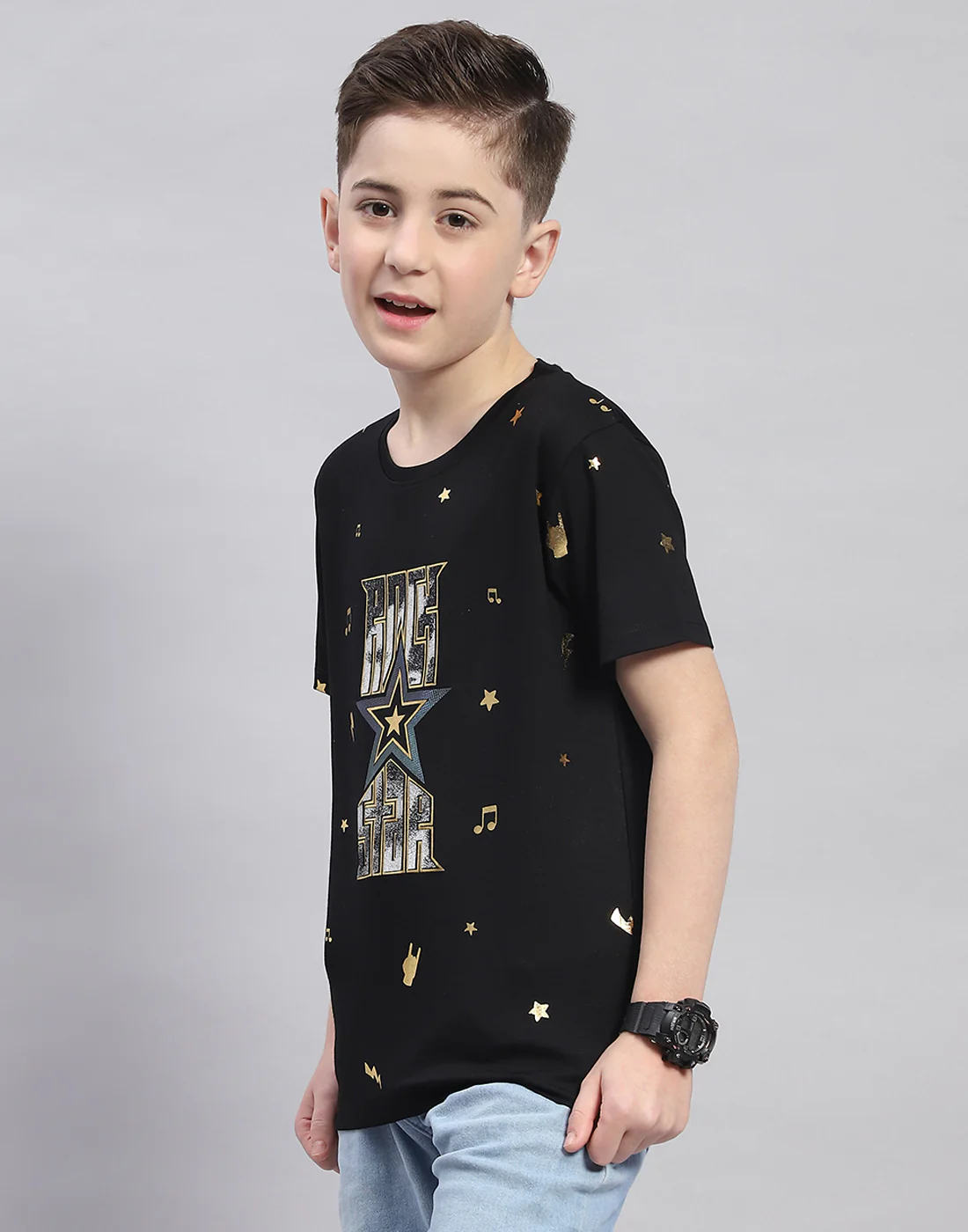 Boys Black Printed Round Neck Half Sleeve T-Shirt - Image 3