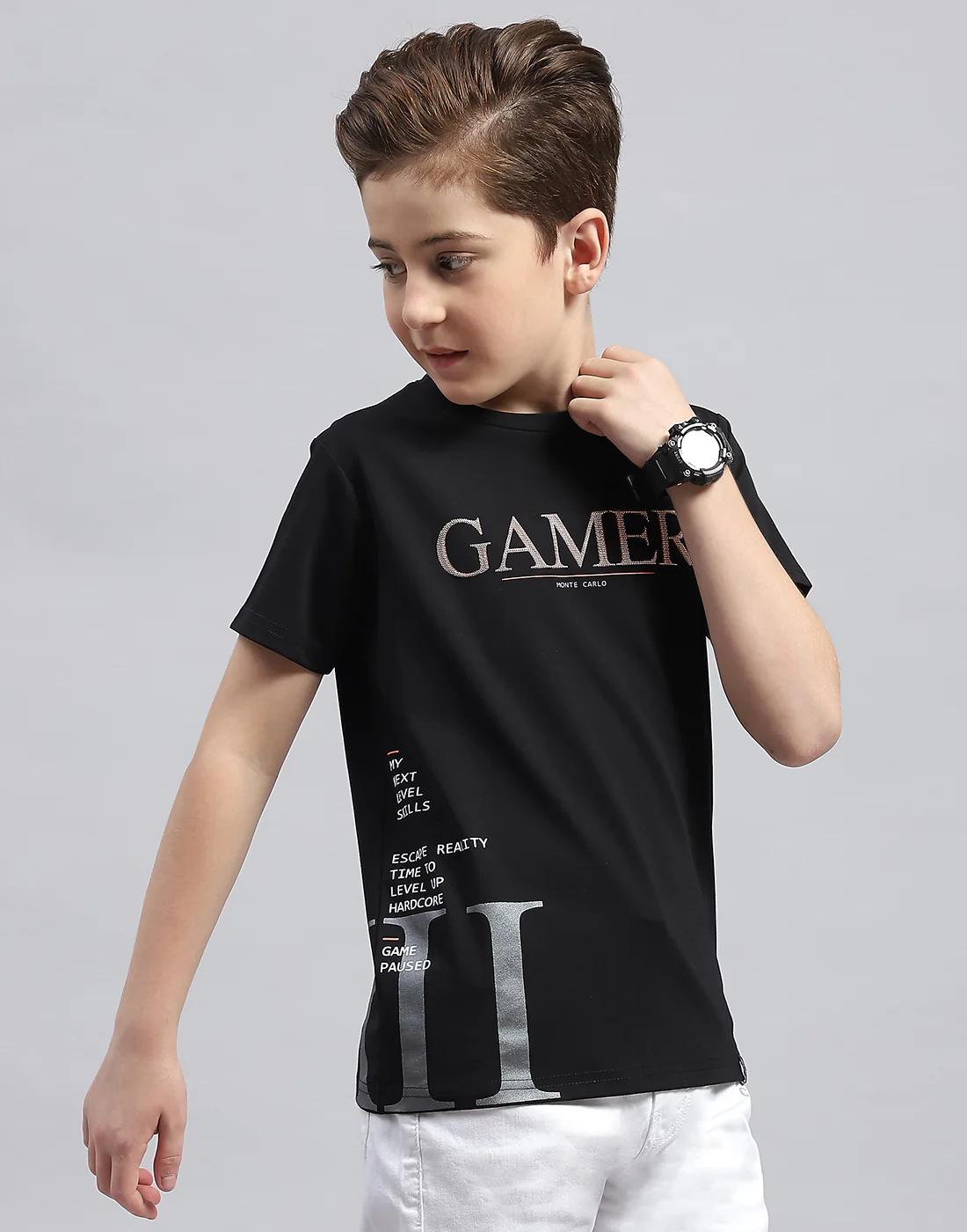 Boys Black Printed Round Neck Half Sleeve T-Shirt - Image 4
