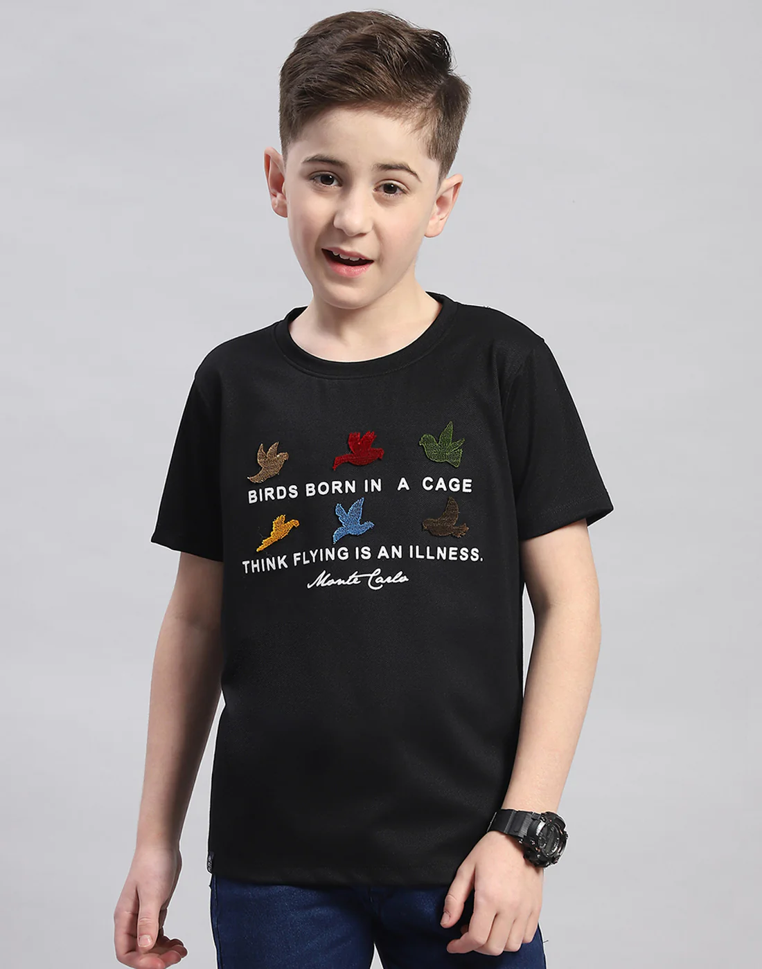 Boys Black Printed Round Neck Half Sleeve T-Shirt - Image 2