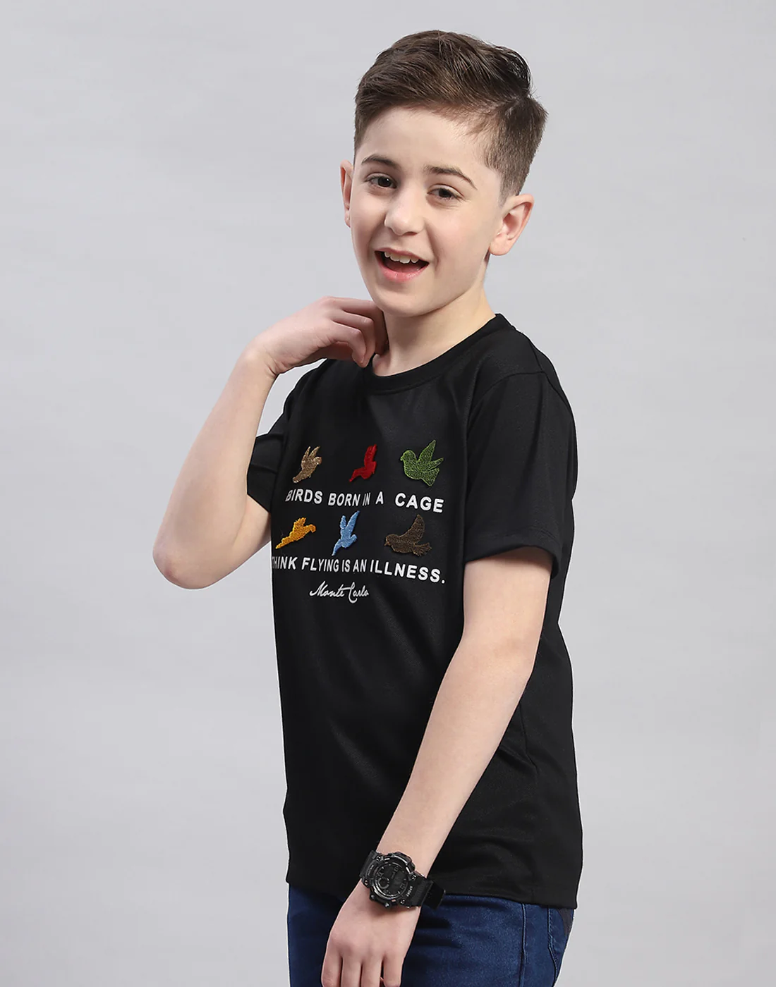 Boys Black Printed Round Neck Half Sleeve T-Shirt - Image 3