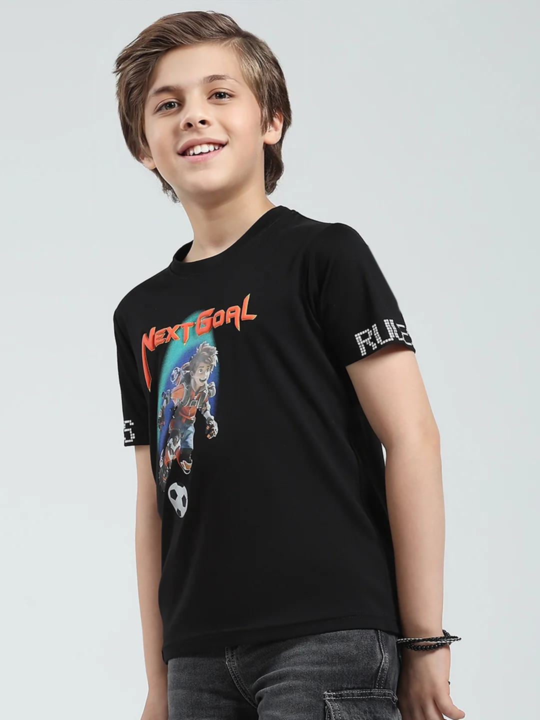 Boys Black Printed Round Neck Half Sleeve T-Shirt - Image 3