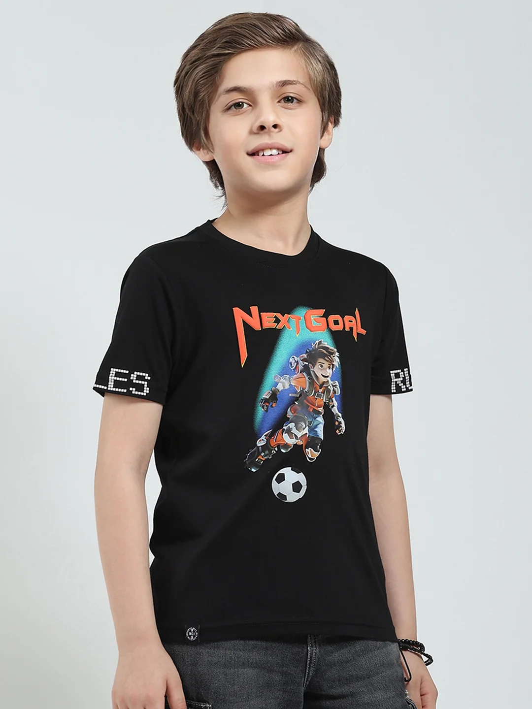 Boys Black Printed Round Neck Half Sleeve T-Shirt - Image 4