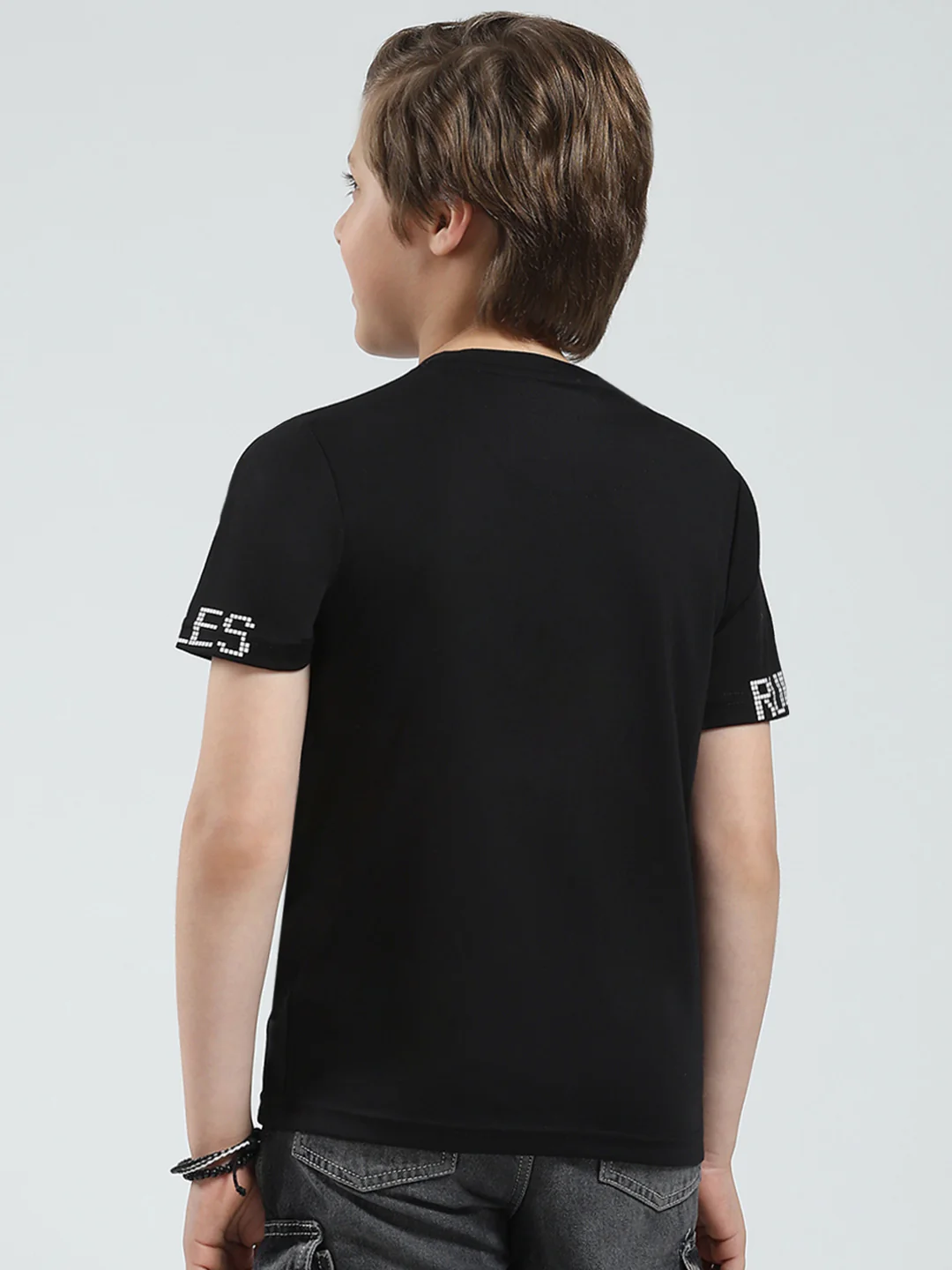 Boys Black Printed Round Neck Half Sleeve T-Shirt - Image 5