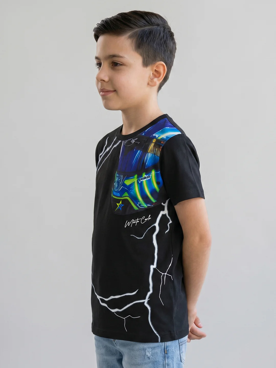 Boys Black Printed Round Neck Half Sleeve T-Shirt - Image 3