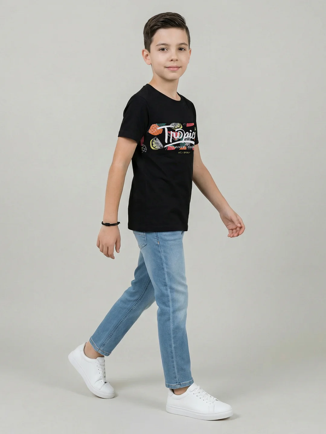 Boys Black Printed Round Neck Half Sleeve T-Shirt - Image 4