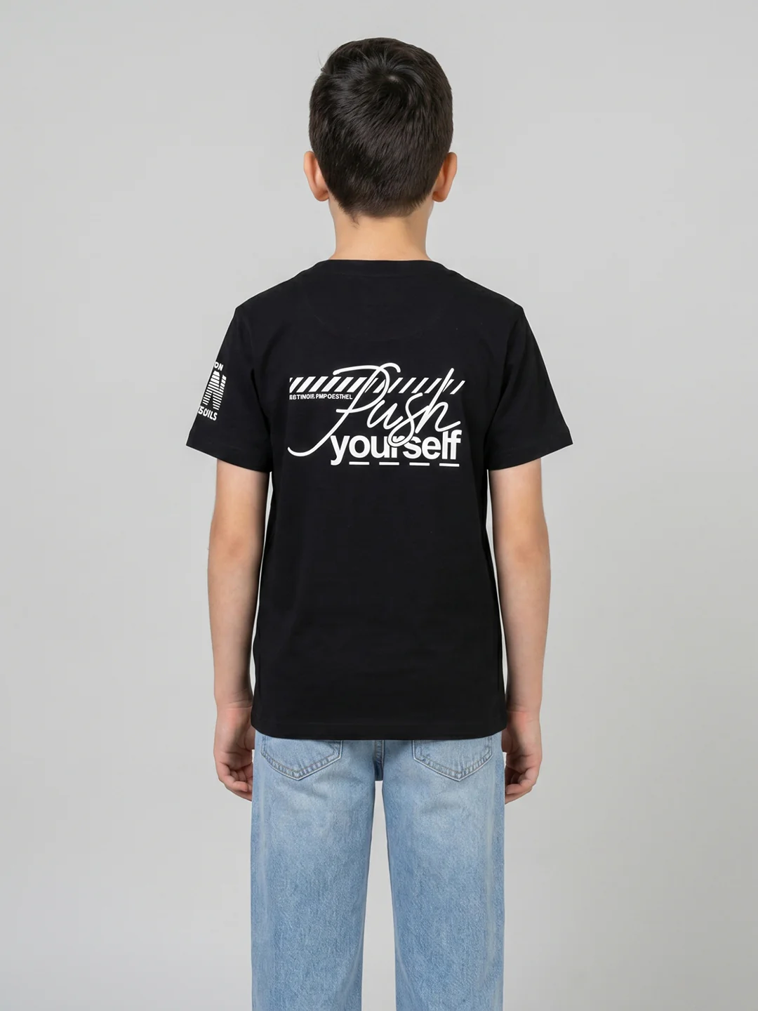 Boys Black Printed Round Neck Half Sleeve T-Shirt - Image 4