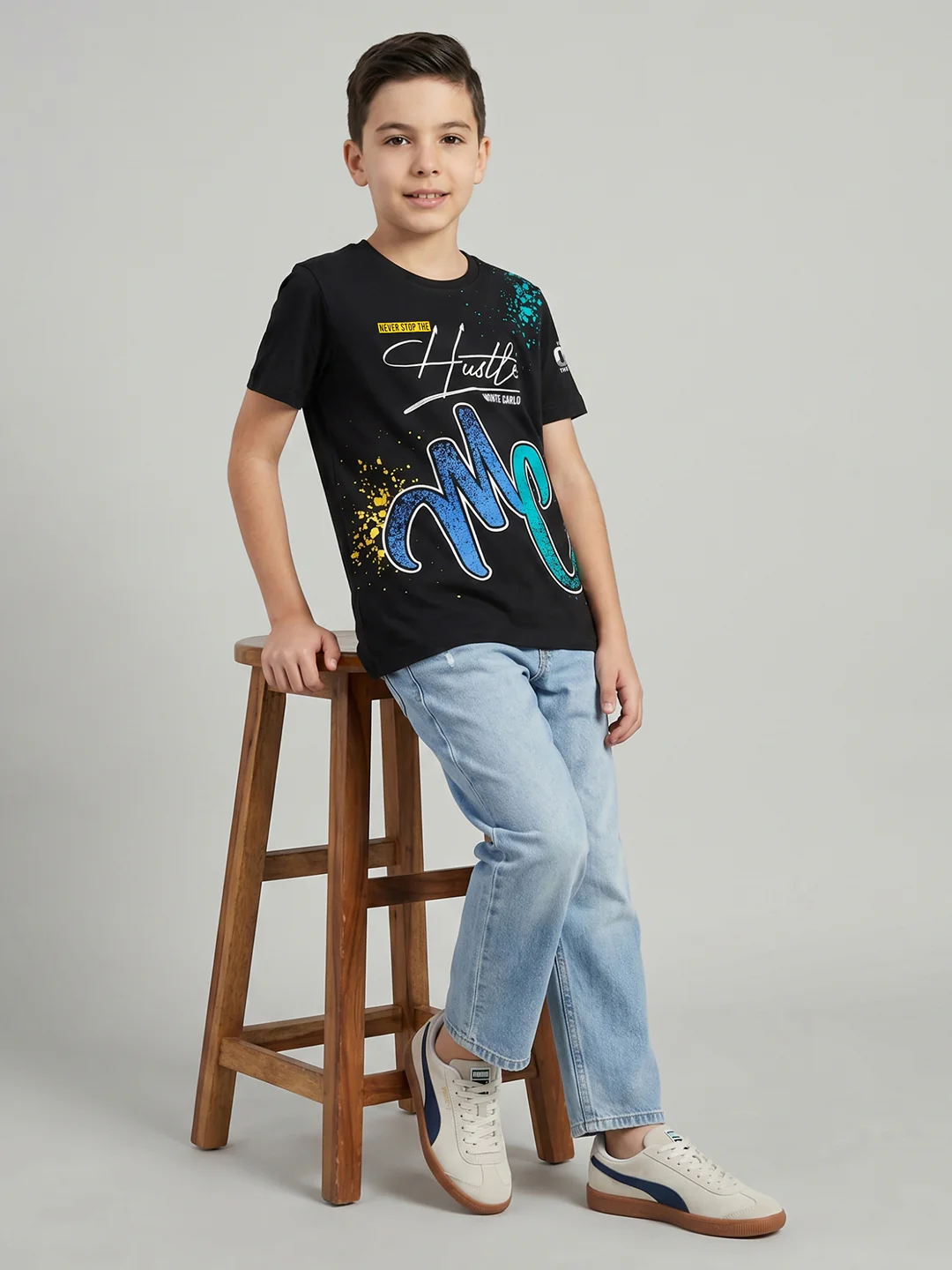 Boys Black Printed Round Neck Half Sleeve T-Shirt - Image 5