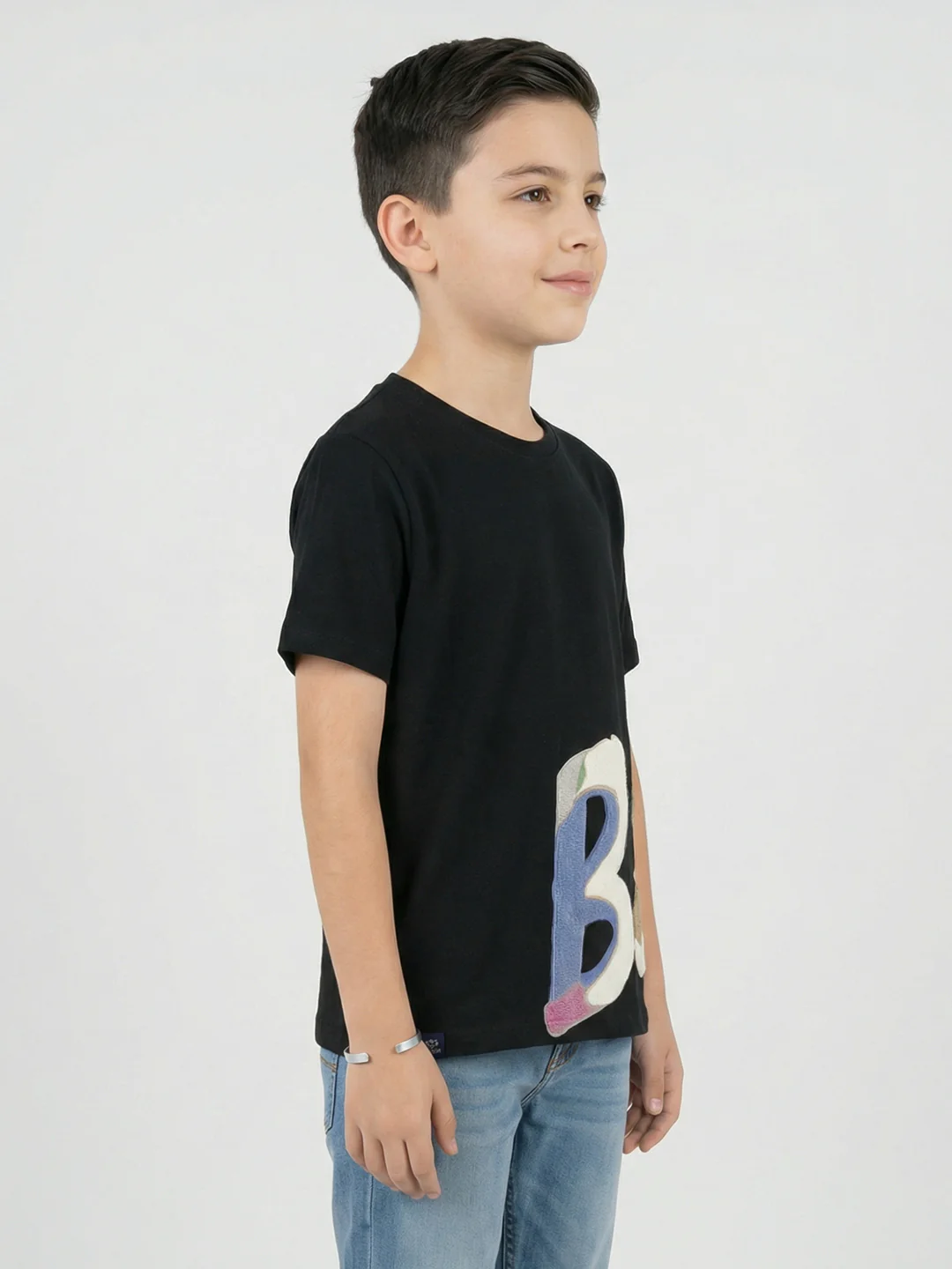 Boys Black Printed Round Neck Half Sleeve T-Shirt - Image 2
