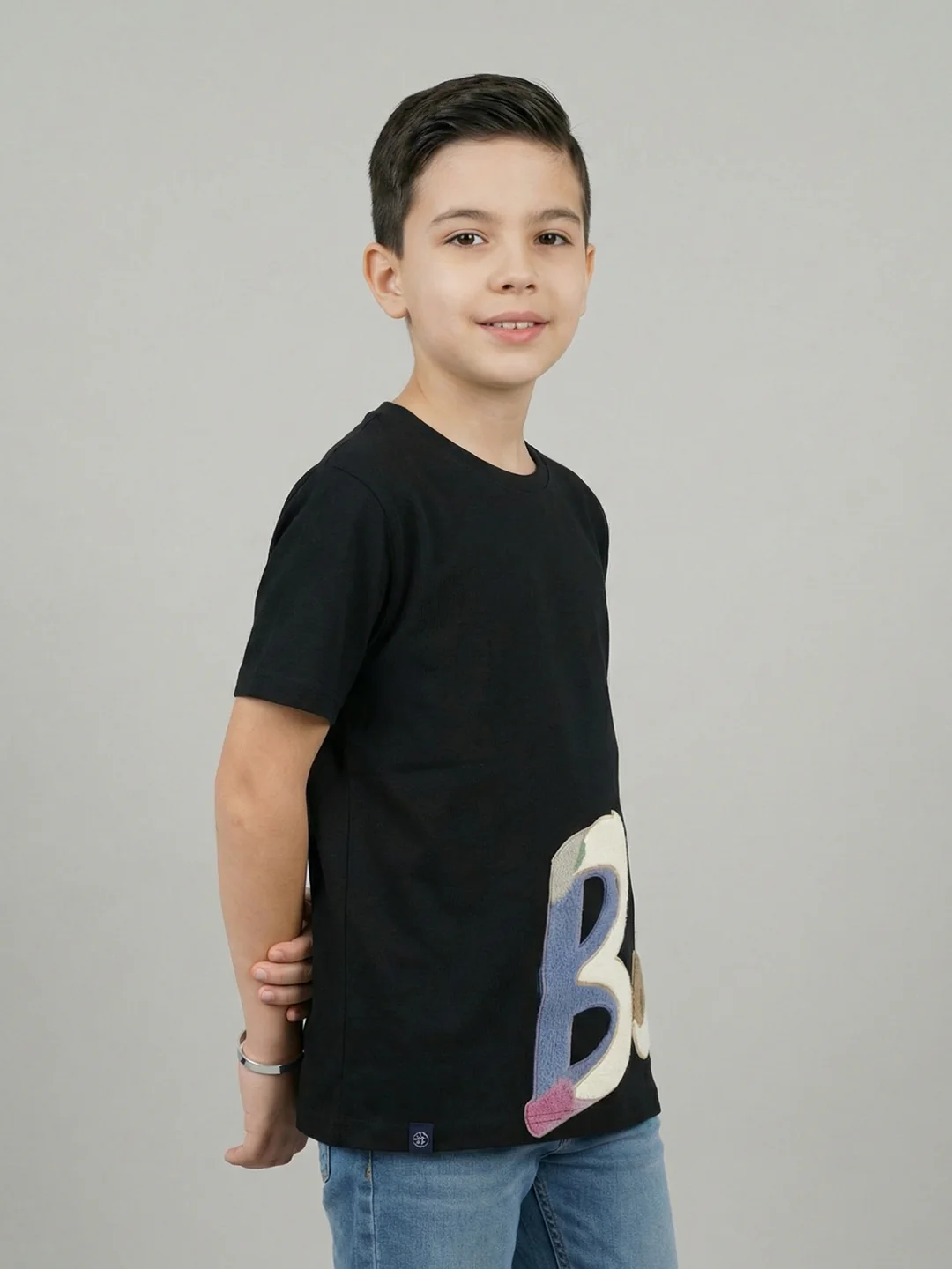 Boys Black Printed Round Neck Half Sleeve T-Shirt - Image 3