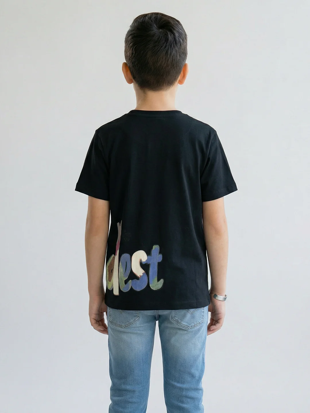 Boys Black Printed Round Neck Half Sleeve T-Shirt - Image 4