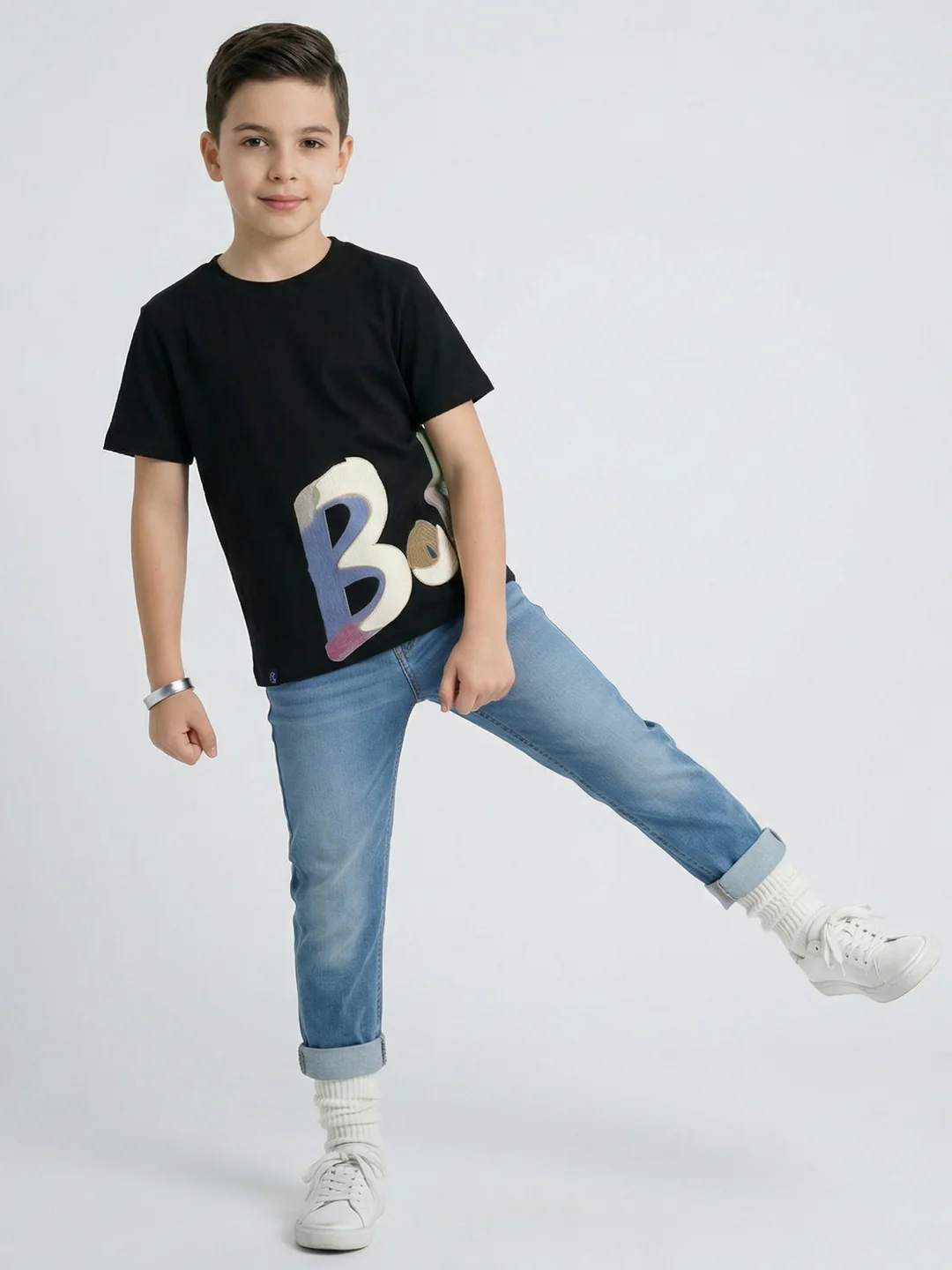 Boys Black Printed Round Neck Half Sleeve T-Shirt - Image 5