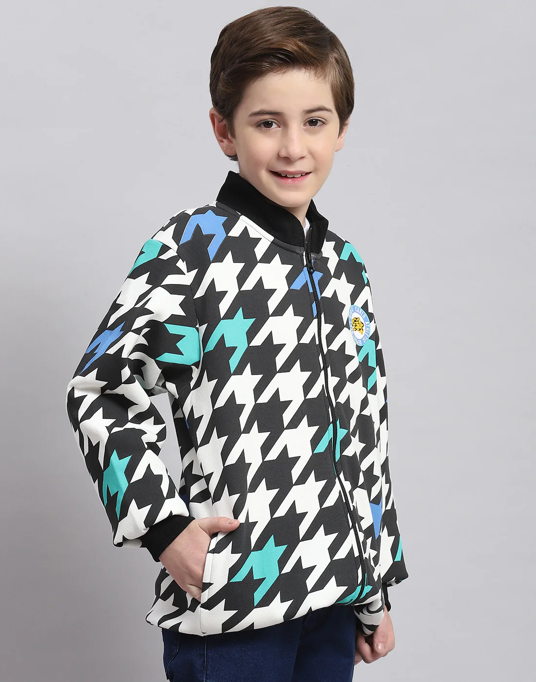 Boys Black Printed Stand Collar Full Sleeve Sweatshirt - Image 4
