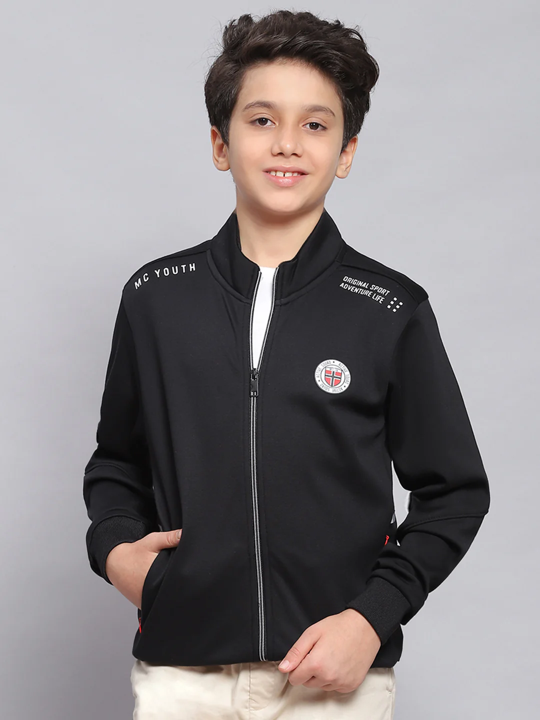 Boys Black Printed Stand Collar Full Sleeve Sweatshirt - Image 2