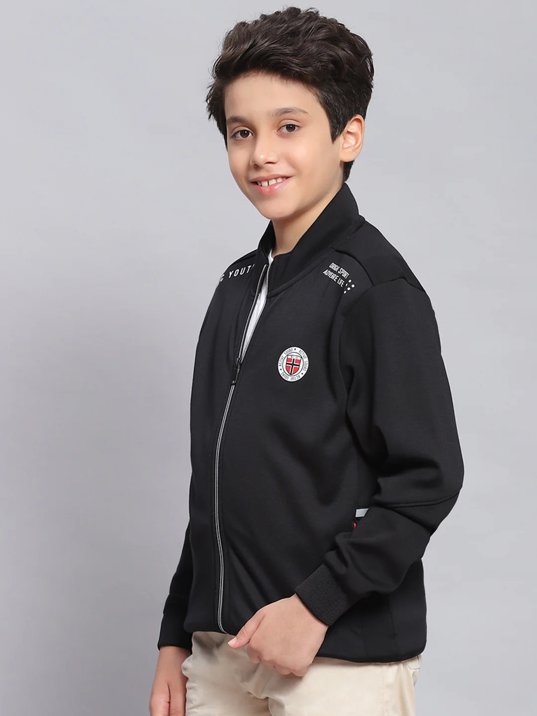 Boys Black Printed Stand Collar Full Sleeve Sweatshirt - Image 3