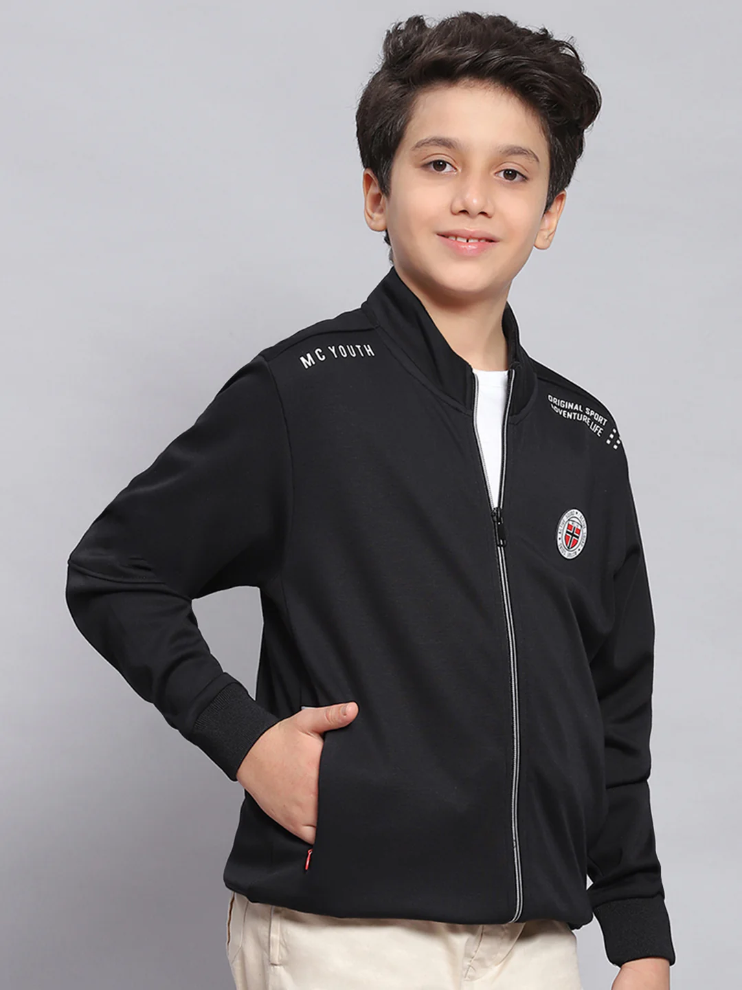Boys Black Printed Stand Collar Full Sleeve Sweatshirt - Image 4