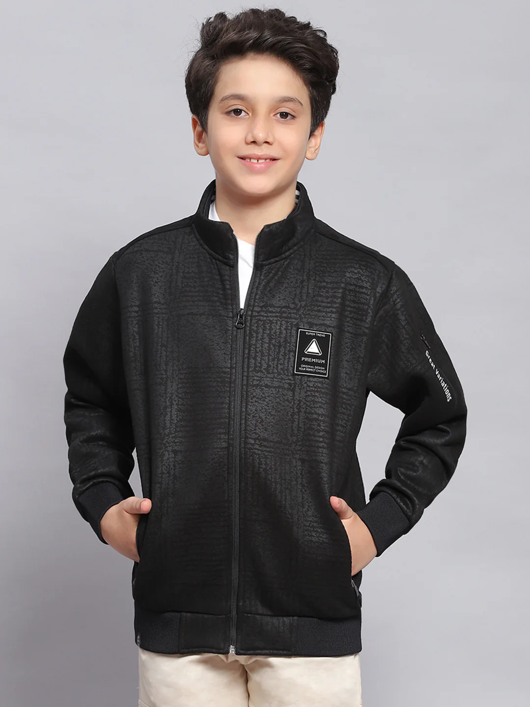 Boys Black Printed Stand Collar Full Sleeve Sweatshirt - Image 2