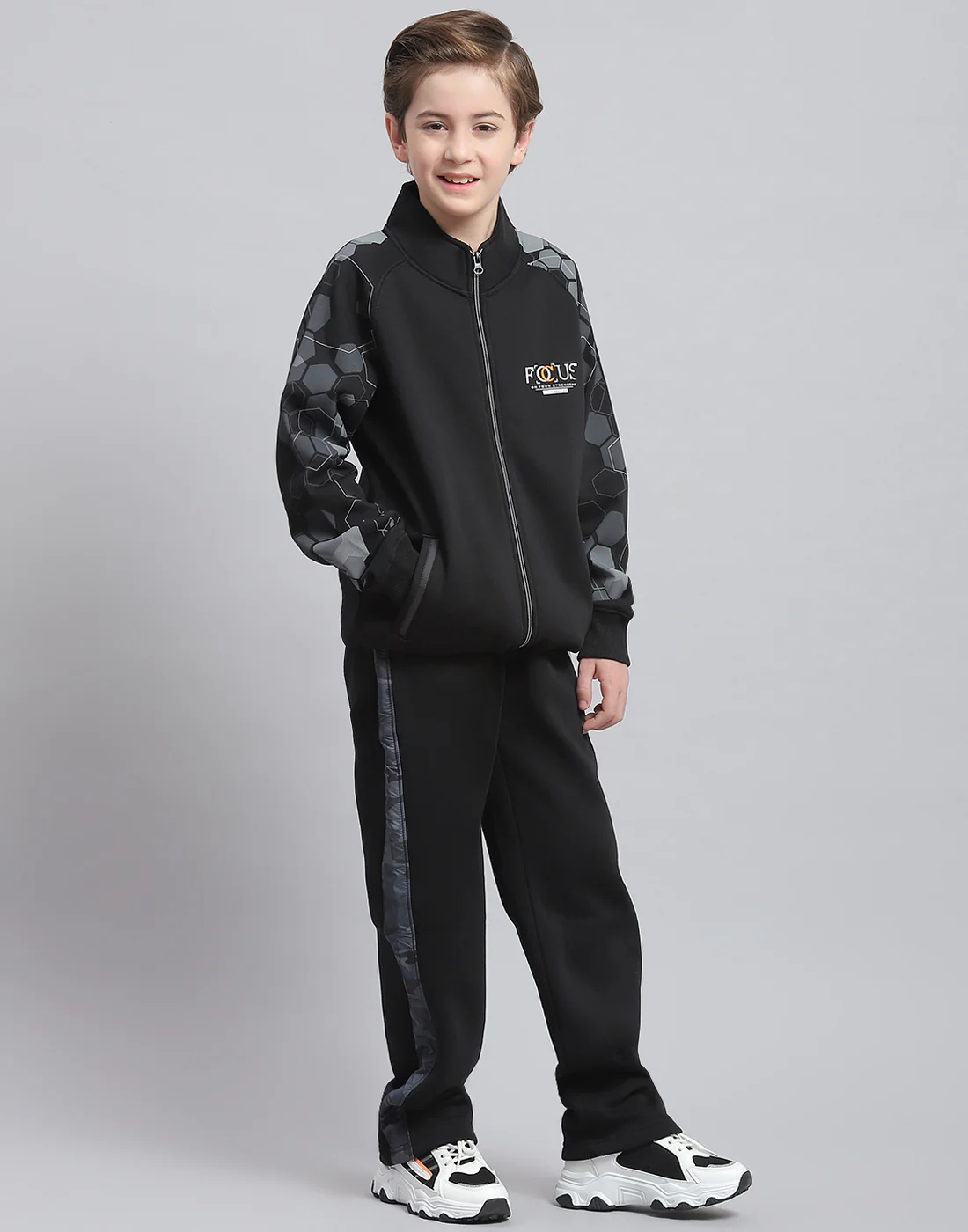 Boys Black Printed Stand Collar Full Sleeve Tracksuit - Image 4