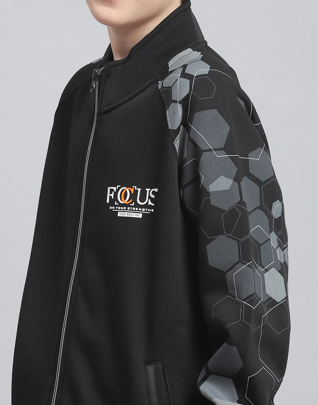 Boys Black Printed Stand Collar Full Sleeve Tracksuit - Image 6