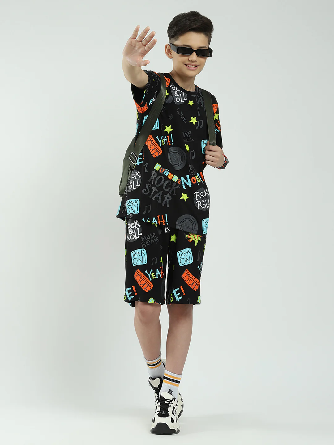 Boys Black Printed Round Neck Half Sleeve Bermuda Set - Image 2