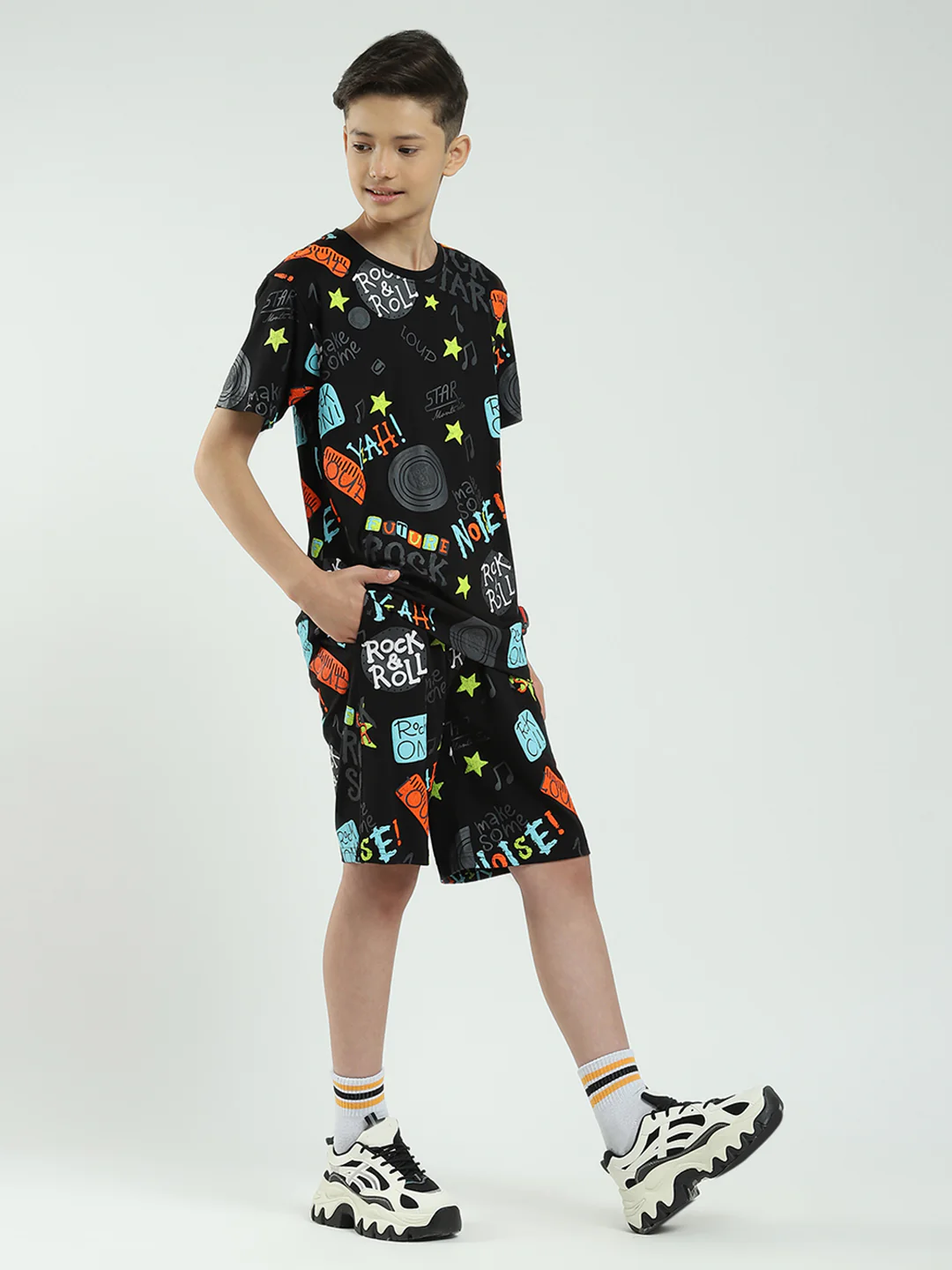 Boys Black Printed Round Neck Half Sleeve Bermuda Set - Image 4