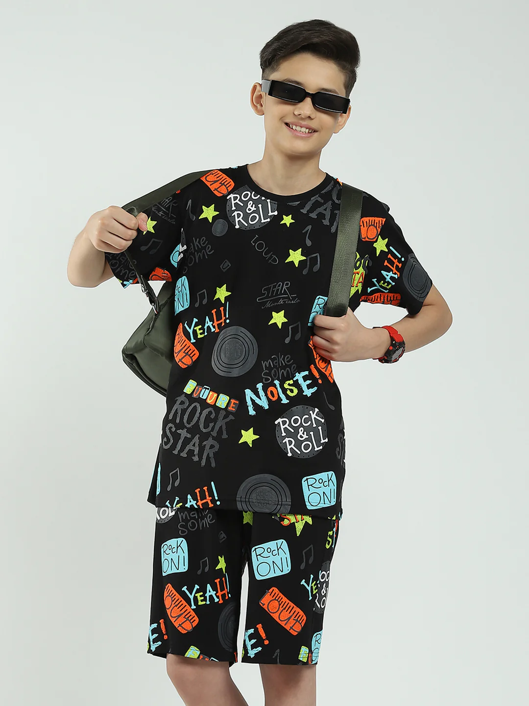 Boys Black Printed Round Neck Half Sleeve Bermuda Set - Image 6