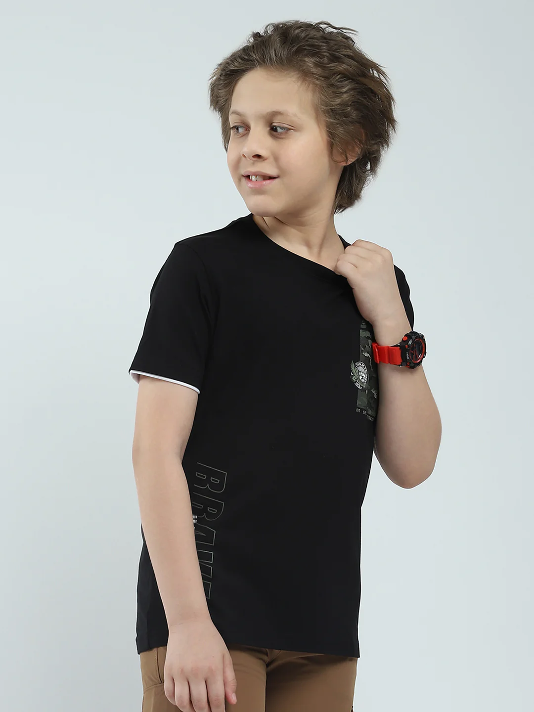 Boys Black Printed Round Neck Half Sleeve T-Shirt - Image 4