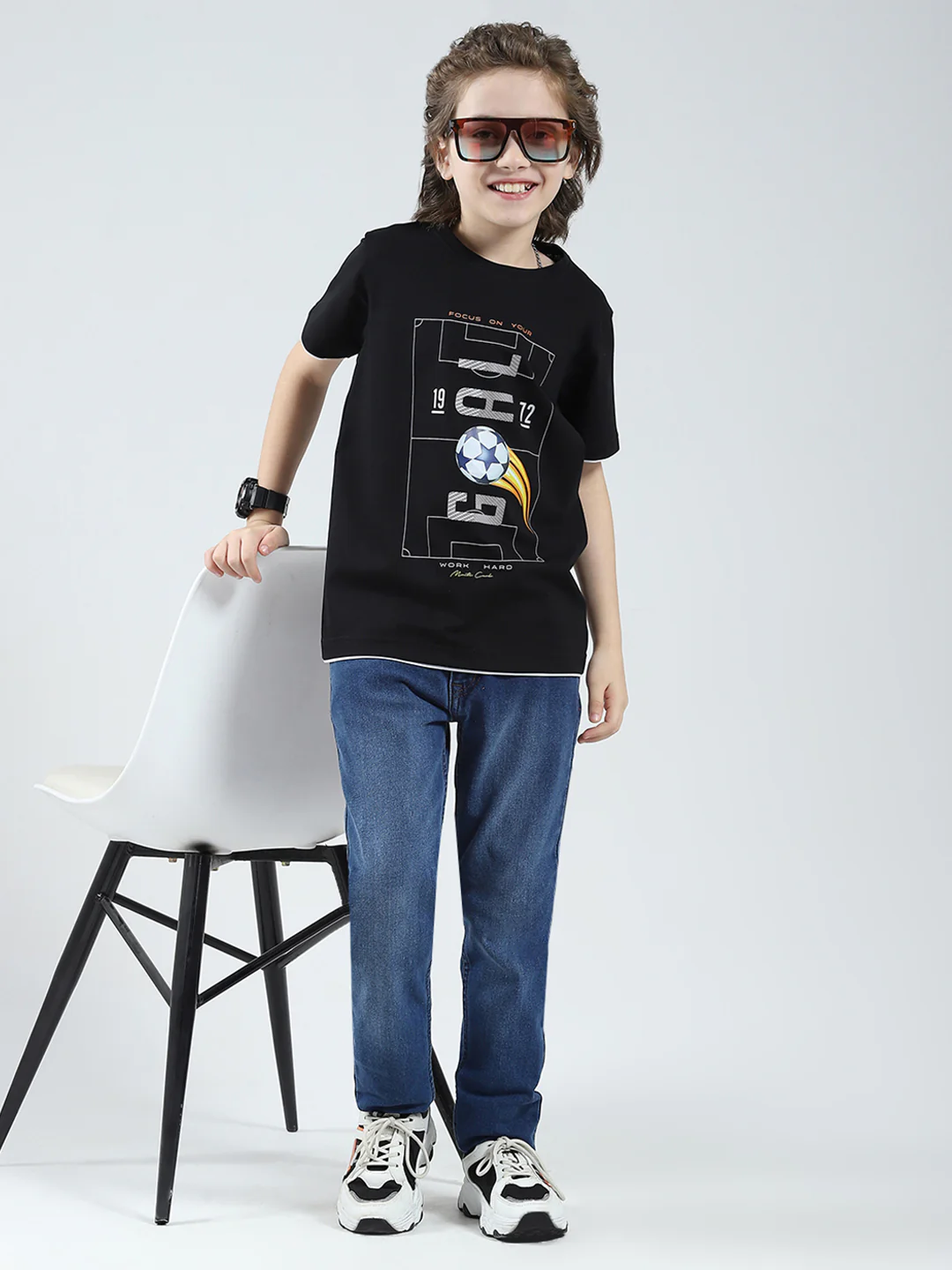 Boys Black Printed Round Neck Half Sleeve T-Shirt - Image 2