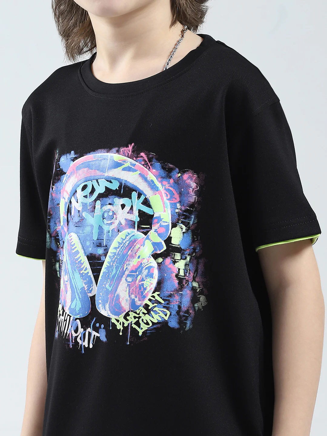 Boys Black Printed Round Neck Half Sleeve T-Shirt - Image 7