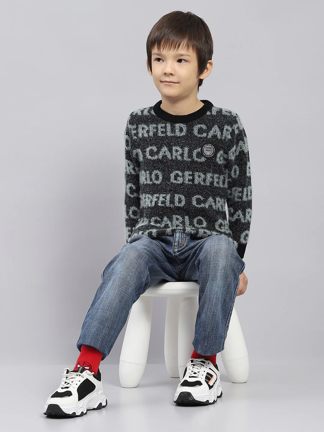 Boys Black Self Design Round Neck Full Sleeve Pullover - Image 2