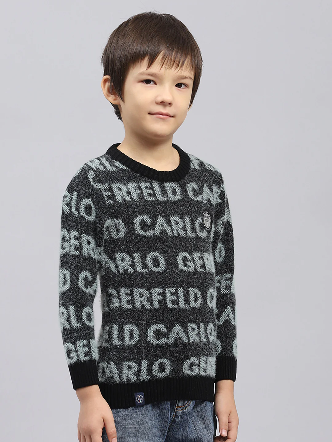 Boys Black Self Design Round Neck Full Sleeve Pullover - Image 4
